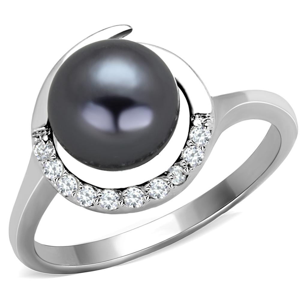 JCE629 Rhodium Brass Ring with Synthetic Pearl in Gray