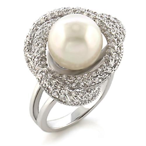 JCE005 Rhodium Brass Ring with Synthetic Pearl in White