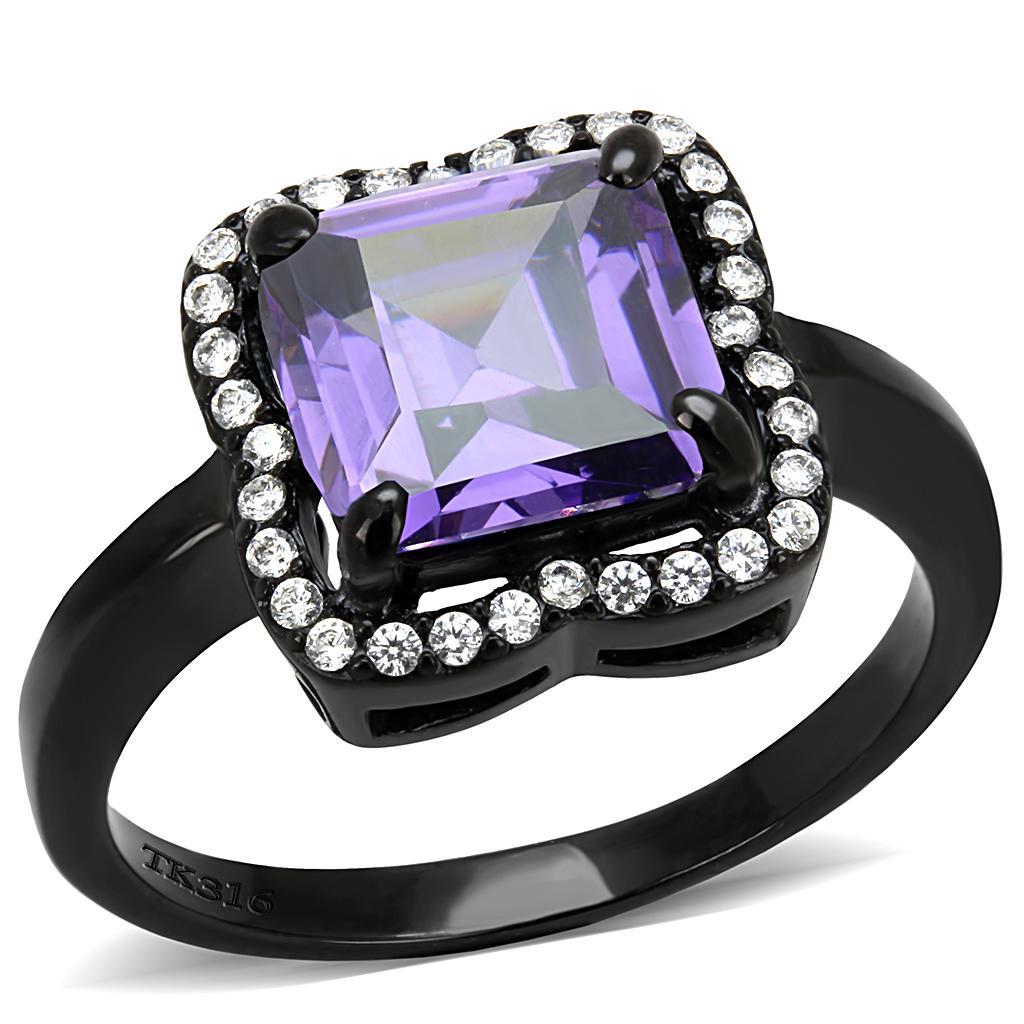 JCE028 IP Black(Ion Plating) Stainless Steel Ring with AAA Grade CZ  in Amethyst