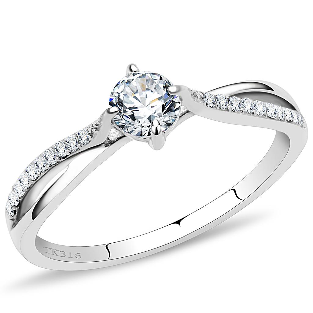 JCE035 High polished (no plating) Stainless Steel Ring with AAA Grade CZ  in Clear