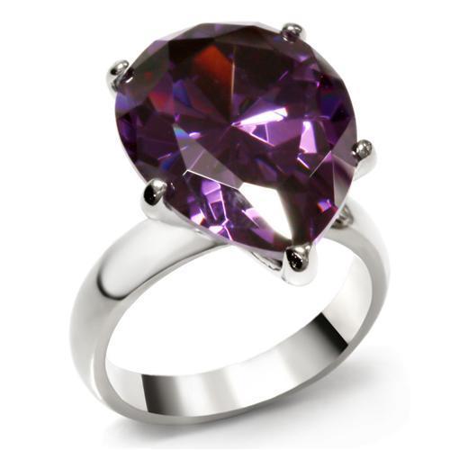 JCE045 High polished (no plating) Stainless Steel Ring with AAA Grade CZ  in Amethyst