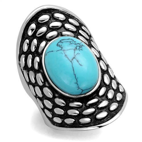 JCE1780 High polished (no plating) Stainless Steel Ring with Synthetic Turquoise in Sea Blue