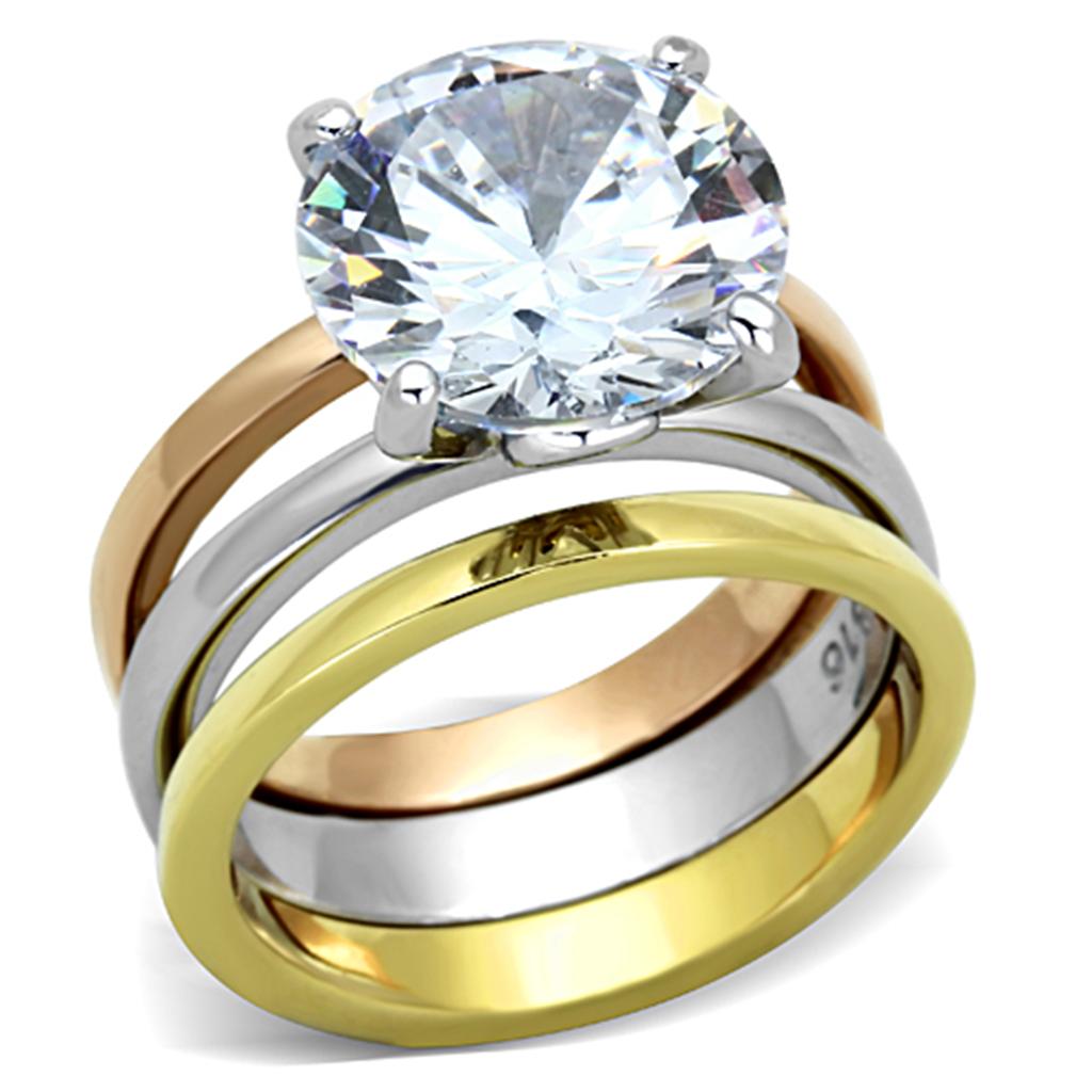 JCE963 Three Tone IP+»-+-åIP Gold & IP Rose Gold & High Polished) Stainless Steel Ring with AAA Grade CZ  in Clear
